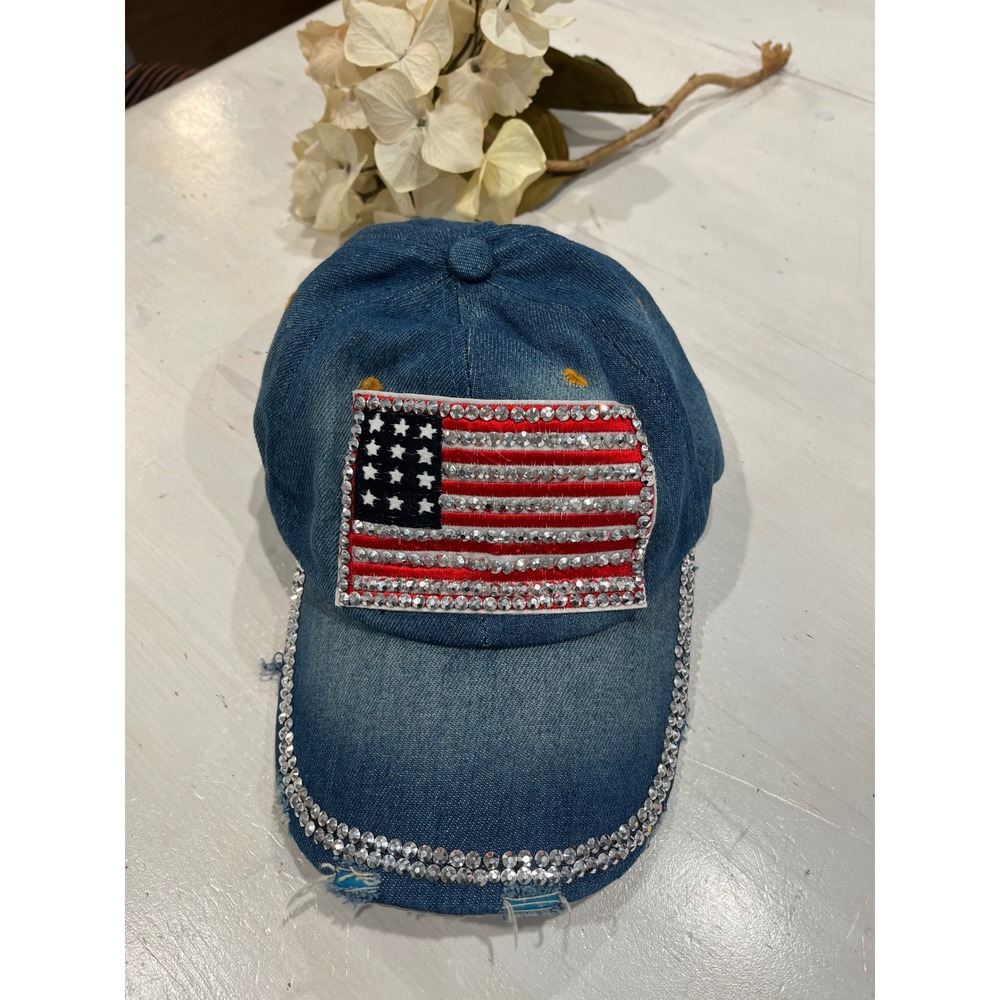 Denim Baseball Cap‎ American Flag Rhinestone Embellished Distressed Adjustable
